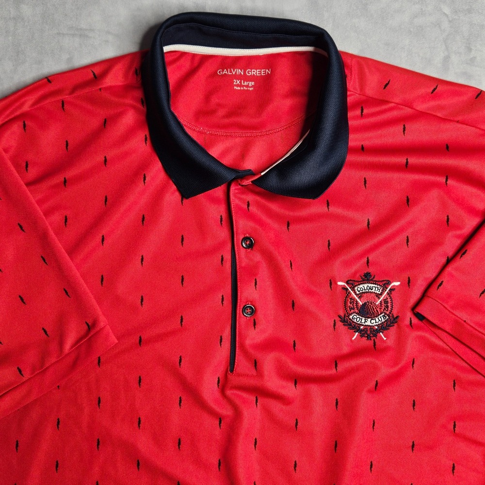 Galvin Green Polo Shirt Mens 2XL Red AOP County Louth Golf Club Logo Ireland